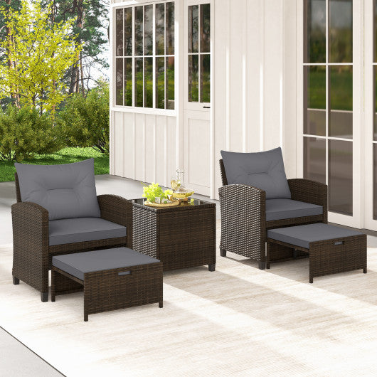5 Pieces Patio Rattan Furniture with 2 Ottomans and Tempered Glass Coffee Table-Gray
