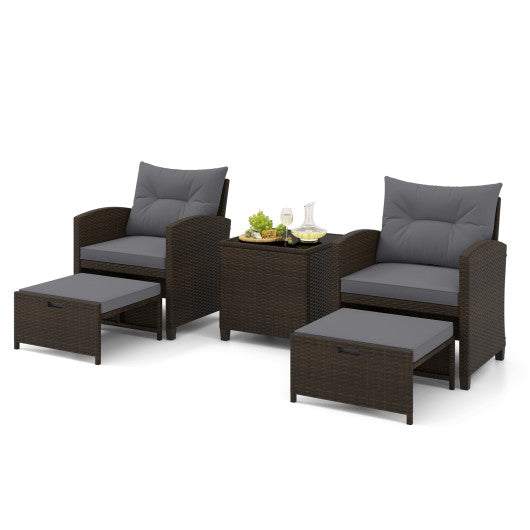 5 Pieces Patio Rattan Furniture with 2 Ottomans and Tempered Glass Coffee Table-Gray