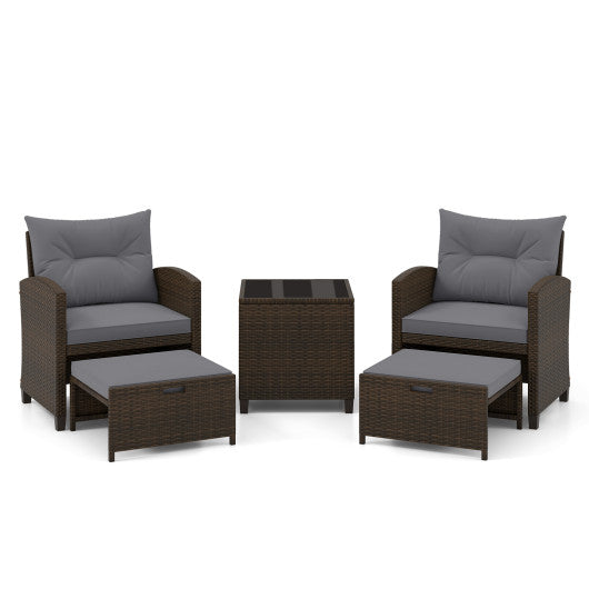 5 Pieces Patio Rattan Furniture with 2 Ottomans and Tempered Glass Coffee Table-Gray