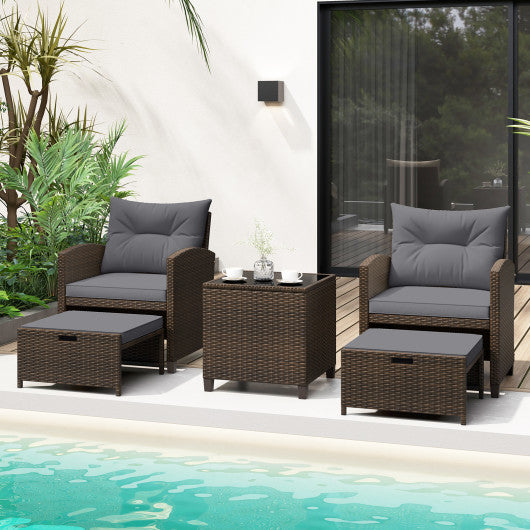 5 Pieces Patio Rattan Furniture with 2 Ottomans and Tempered Glass Coffee Table-Gray