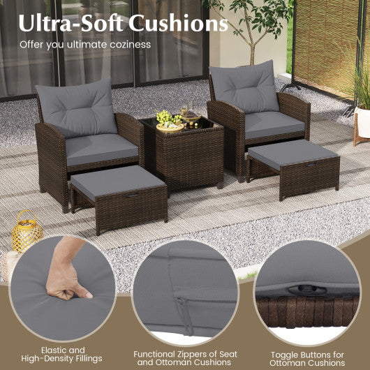 5 Pieces Patio Rattan Furniture with 2 Ottomans and Tempered Glass Coffee Table-Gray