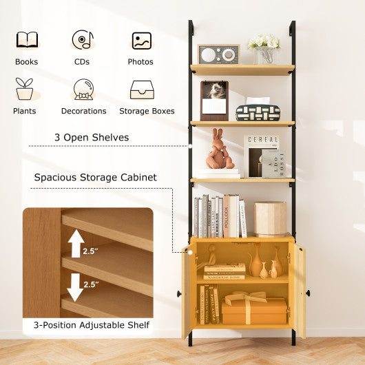 72.5 Inch 6-Tier Wall Mounted Ladder Bookshelf with Rattan Cabinet-Natural