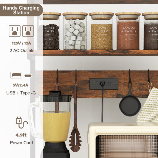 60 Inch Tall Microwave Stand with Open Shelves and 10 Hanging Hooks-Rustic Brown