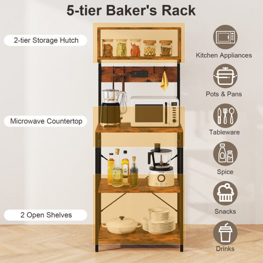 60 Inch Tall Microwave Stand with Open Shelves and 10 Hanging Hooks-Rustic Brown