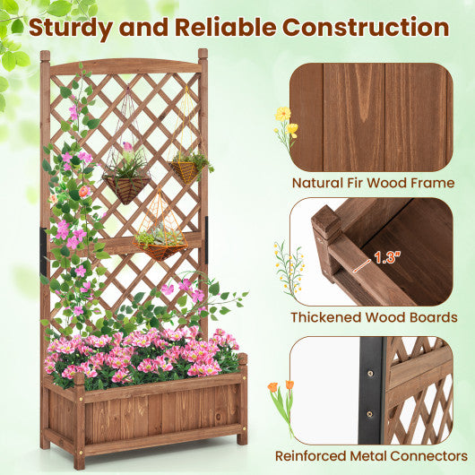 60 Inch Tall Raised Garden Bed with Diamond Lattice Trellis and Drainage Holes-Brown