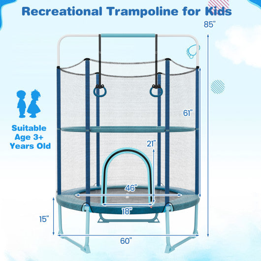 60 Inch Trampoline with Gymnastic Bar and Rings for Kids-Blue