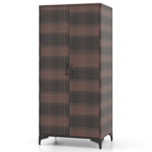 62 Inch Wicker Wardrobe with 2 Doors PE Rattan Closet with Hanging Rod-Brown