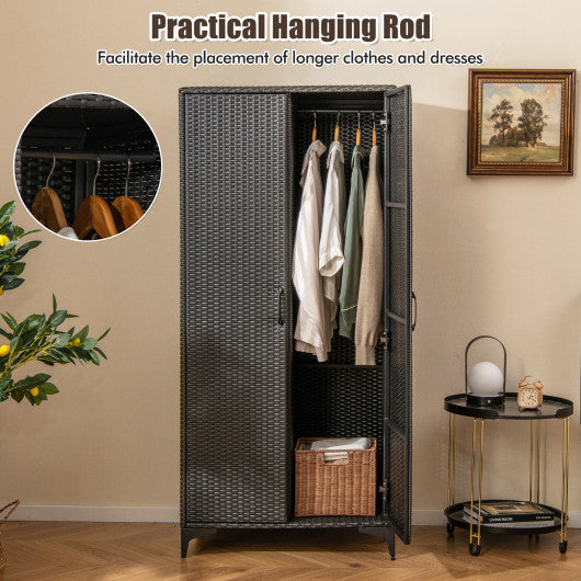 62 Inch Wicker Wardrobe with 2 Doors PE Rattan Closet with Hanging Rod-Black