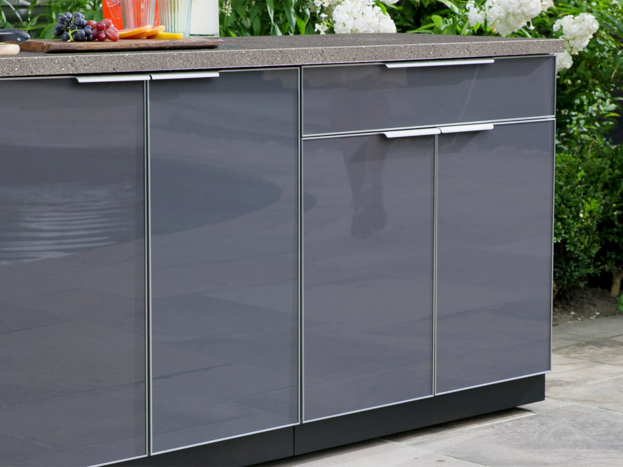 Outdoor Kitchen Aluminum 5 Piece Cabinet Set with 3-Drawer, 2-Door Cabinet, Countertops and Fridge