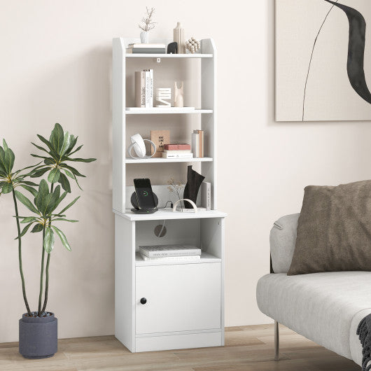 6-Tier Bookshelf Nightstand with Charging Station and Cabinet-White