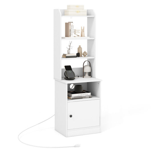 6-Tier Bookshelf Nightstand with Charging Station and Cabinet-White