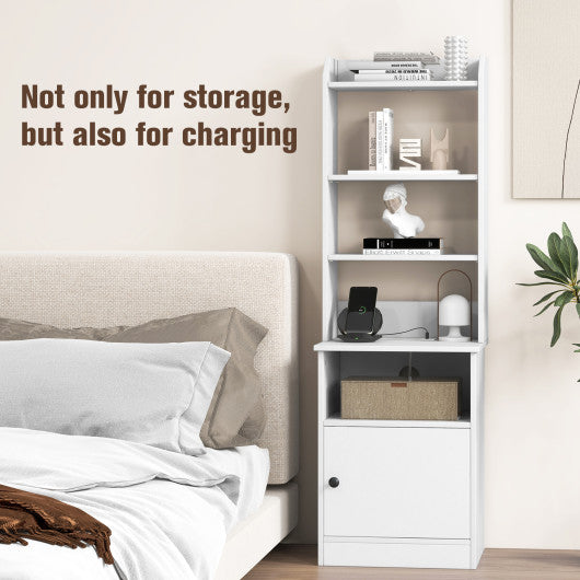 6-Tier Bookshelf Nightstand with Charging Station and Cabinet-White