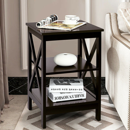 3-Tier Nightstand End Table with X Design Storage -Dark Brown