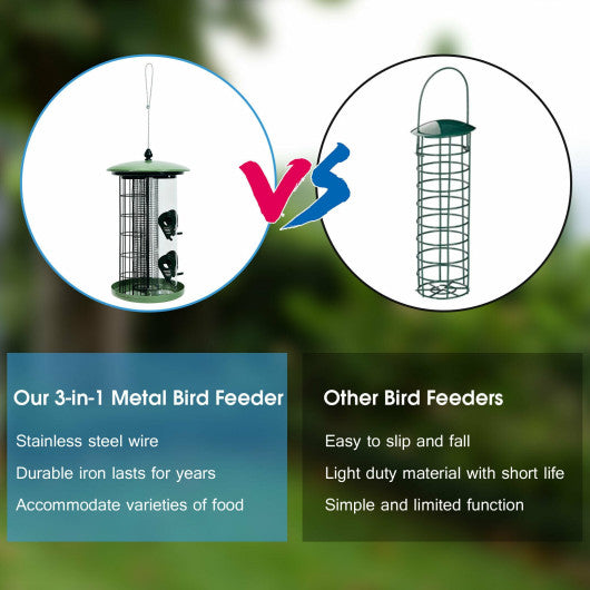 3-in-1 Metal Hanging Wild Bird Feeder with 4 Feeding Ports and Perches