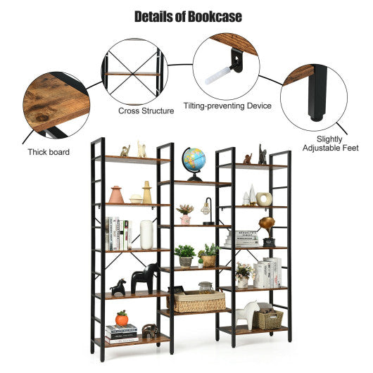 Vintage Triple Wide 5-Tier Bookcase Large Bookshelf Display Storage Shelf-Brown