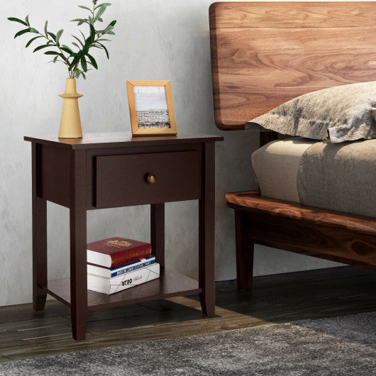 Nightstand with Drawer and Storage Shelf for Bedroom Living Room-Espresso