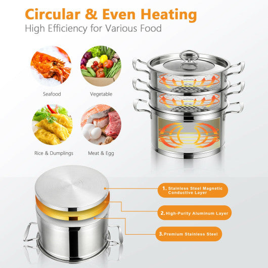 2/3 Tier Stainless Steel Steamer with Handles and Glass Lid-3-Tier