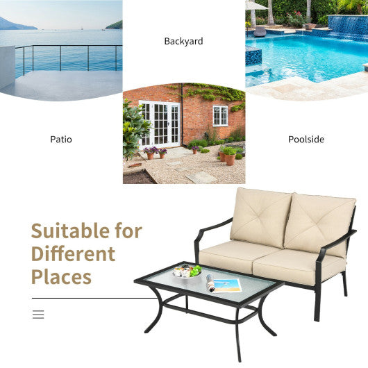 2 Pieces Patio Outdoor Cushioned Sofa Bench with Coffee Table-Beige