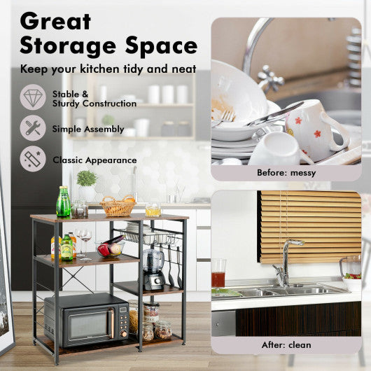 Industrial Kitchen Baker's Rack Microwave Shelf with 6 Hooks-Walnut