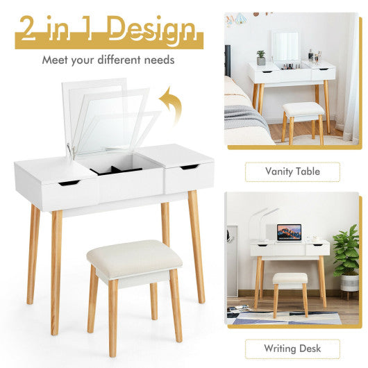 Makeup Vanity Table Set with Flip Top Mirror and 2 Drawers-White
