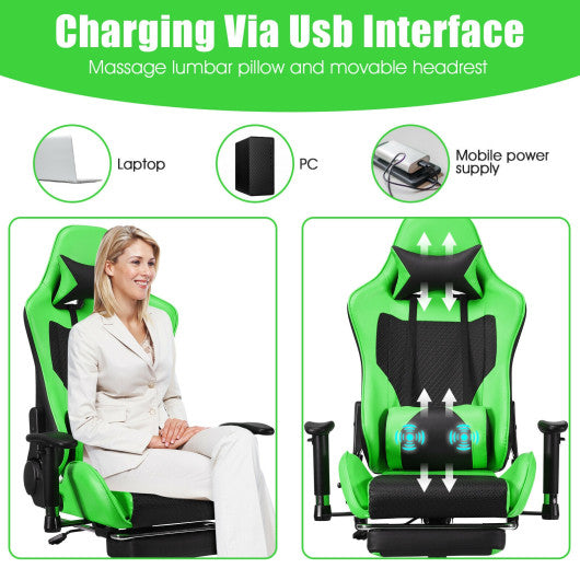 PU Leather Gaming Chair with USB Massage Lumbar Pillow and Footrest-Green