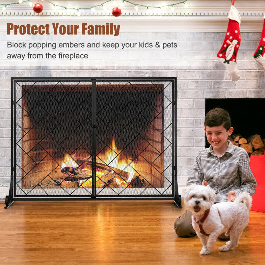 2-Panel Fireplace Screen Folding Metal Fire Place Safety Fence with Magnetic Doors-Black
