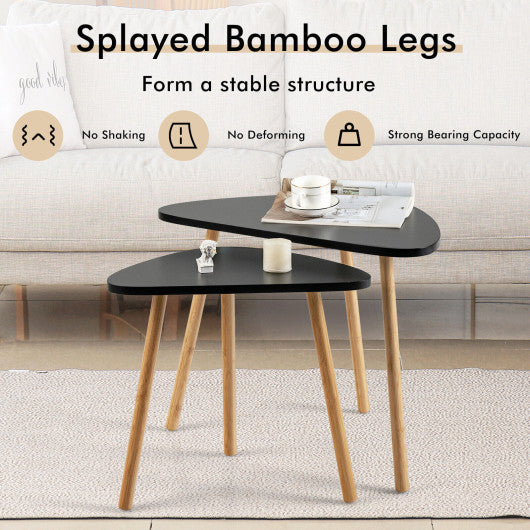 Set of 2 Modern Nesting Coffee Tables Triangular Tabletop Bamboo Legs