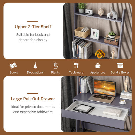 Ladder Shelf Desk Bookcase with Countertop Drawer and 2 Shelves-Gray
