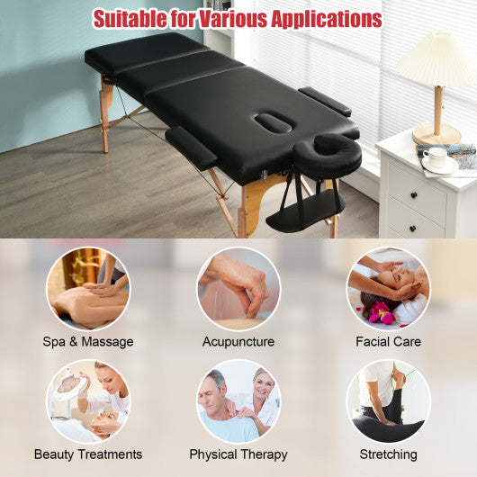 3 Fold Portable Adjustable Massage Table with Carry Case-Black