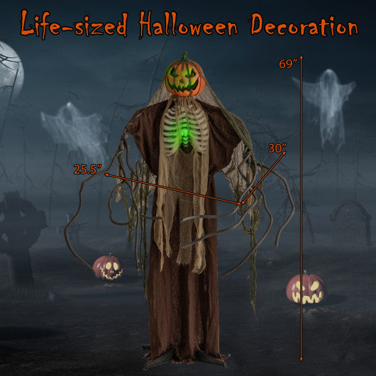 6 Feet Halloween Animatronics Light Up Talking Ghost Pumpkin with Glowing Ribs and Moving Head