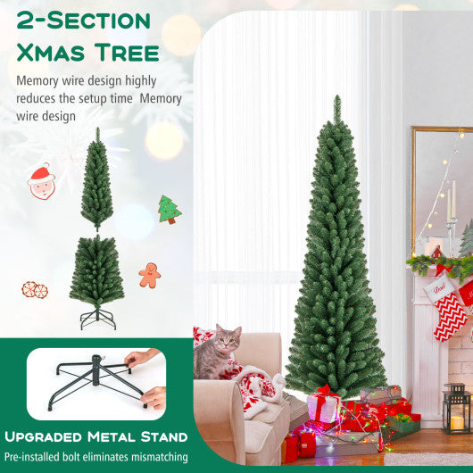 5/6/7/8 Feet Pencil Christmas Tree with 295/392/523/671 Memory Wire Branch Tips and Upgraded Metal Stand-6 ft