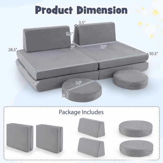 6 Pieces Modular Kids Play Couch Set with Washable Covers for Living Room Playroom-Gray