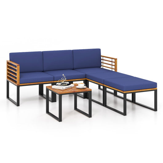 6 Piece Patio Acacia Wood Conversation Sofa Set with Ottomans and Coffee Table-Navy