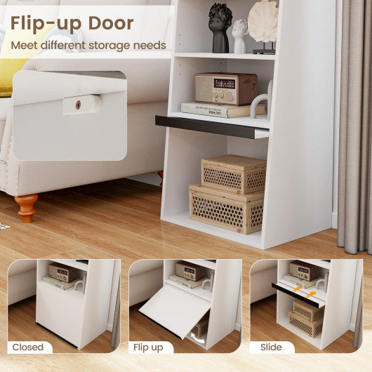 6-Tier Bookcase Freestanding Ladder Bookshelf with 2 Adjustable Shelves and Flip Up Door-White