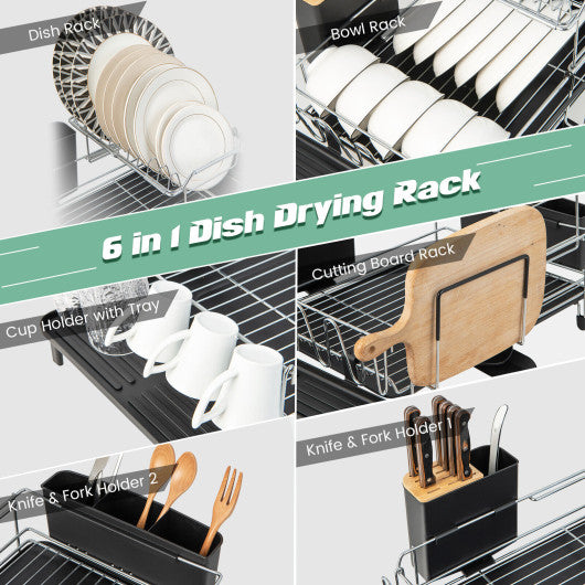 2-Tier Detachable Dish Rack with Drainboard and 360° Swivel Spout