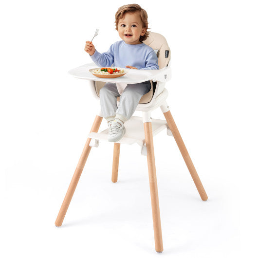 6 in 1 Convertible Highchair with Safety Harness and Removable Tray-Beige
