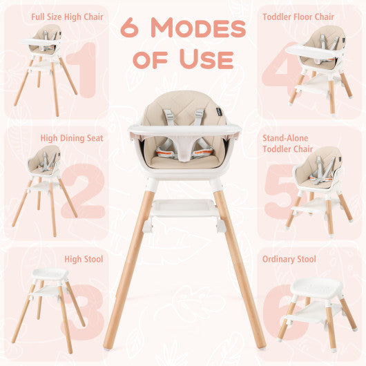 6 in 1 Convertible Highchair with Safety Harness and Removable Tray-Beige