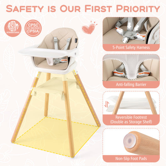 6 in 1 Convertible Highchair with Safety Harness and Removable Tray-Beige
