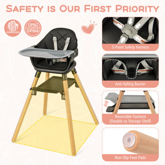6 in 1 Convertible Highchair with Safety Harness and Removable Tray-Black