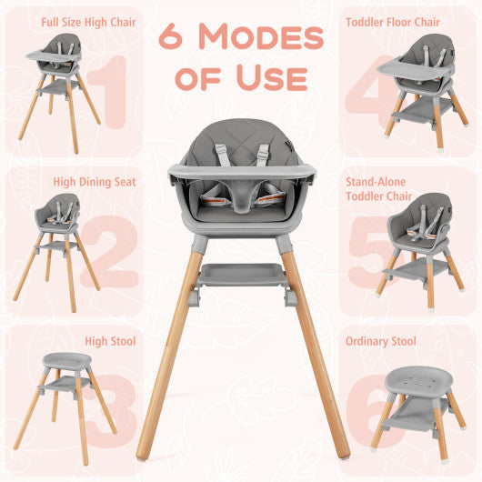 6 in 1 Convertible Highchair with Safety Harness and Removable Tray-Gray