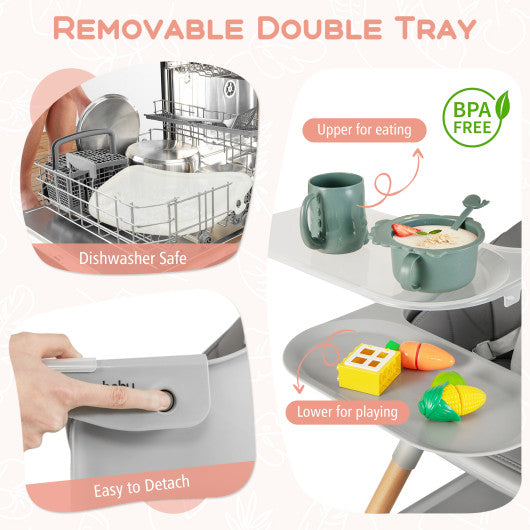 6 in 1 Convertible Highchair with Safety Harness and Removable Tray-Gray