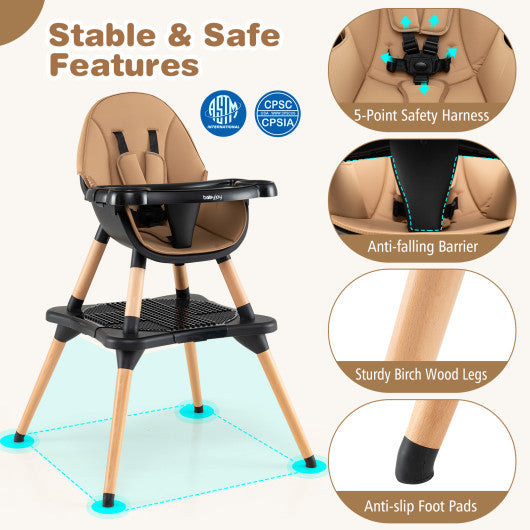 6 in 1 High Chair for Babies and Toddlers Ages 6-36 Months-Coffee