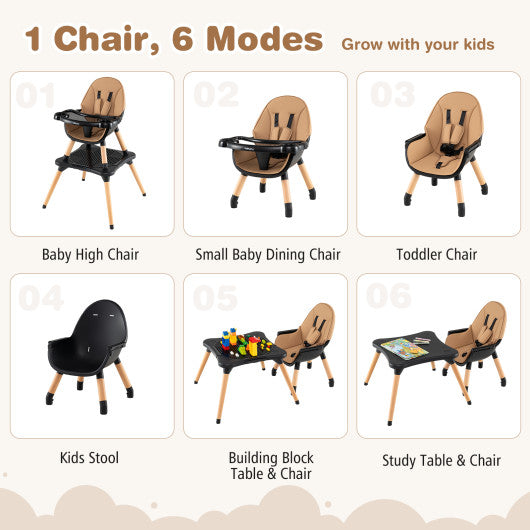 6 in 1 High Chair for Babies and Toddlers Ages 6-36 Months-Coffee