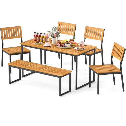 6 Pieces Outdoor Acacia Wood Dining Set with Bench and 2 Inches Umbrella Hole