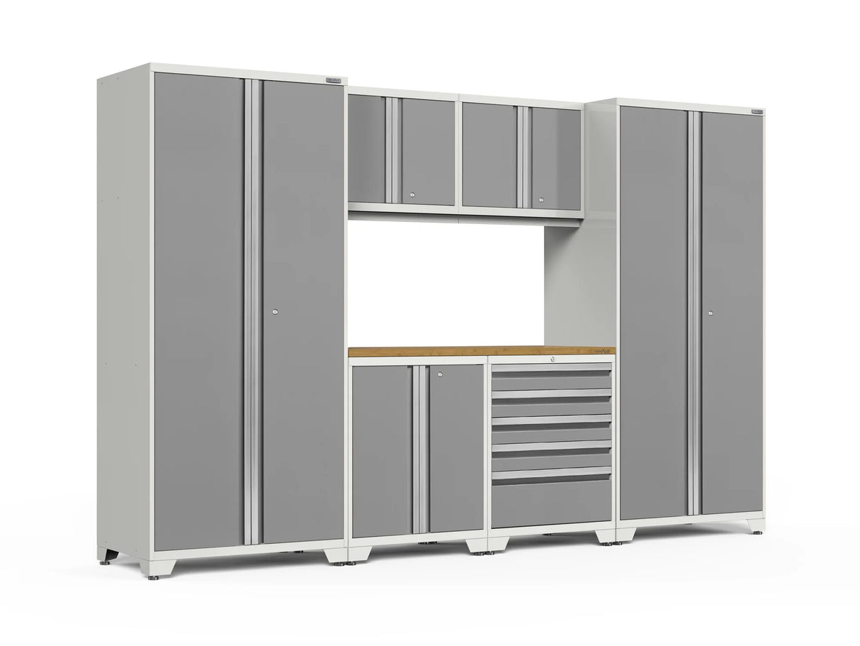 Pro Series 7 Piece Cabinet Set with Base, Wall, Tool Drawer Cabinet, Lockers and 56 In. Worktop