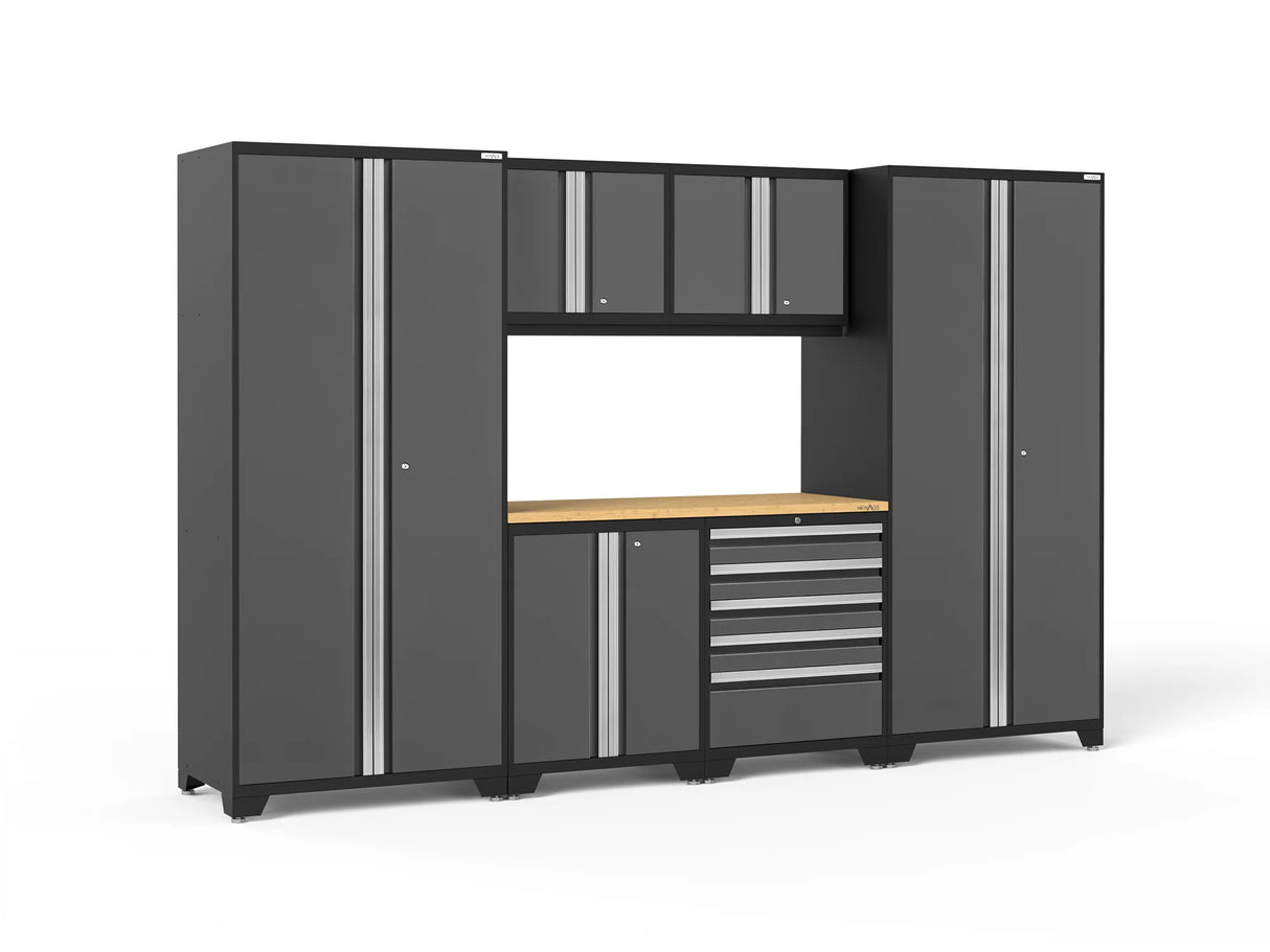 Pro Series 7 Piece Cabinet Set with Base, Wall, Tool Drawer Cabinet, Lockers and 56 In. Worktop