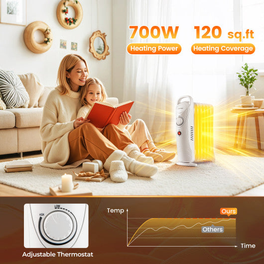 700W Electric Oil Filled Radiator Heater with Adjustable Thermostat-White