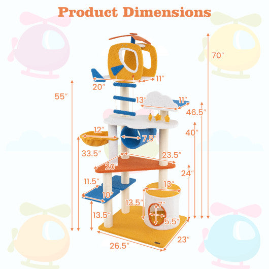 70 Inch Tall Aviation-themed Cat Tree with Helicopter Top Perch and Platforms-Yellow