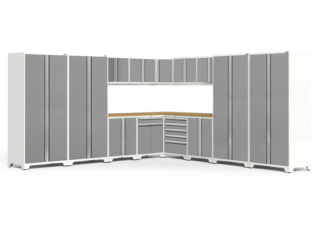 Pro Series 16 Piece Cabinet Set with Lockers, Wall, Tool Drawer, Base, Corner Wall Cabinet and 56 In. Worktop