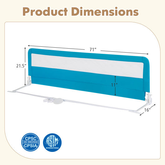 71 Inch Extra Long Swing Down Bed Guardrail with Safety Straps-Blue